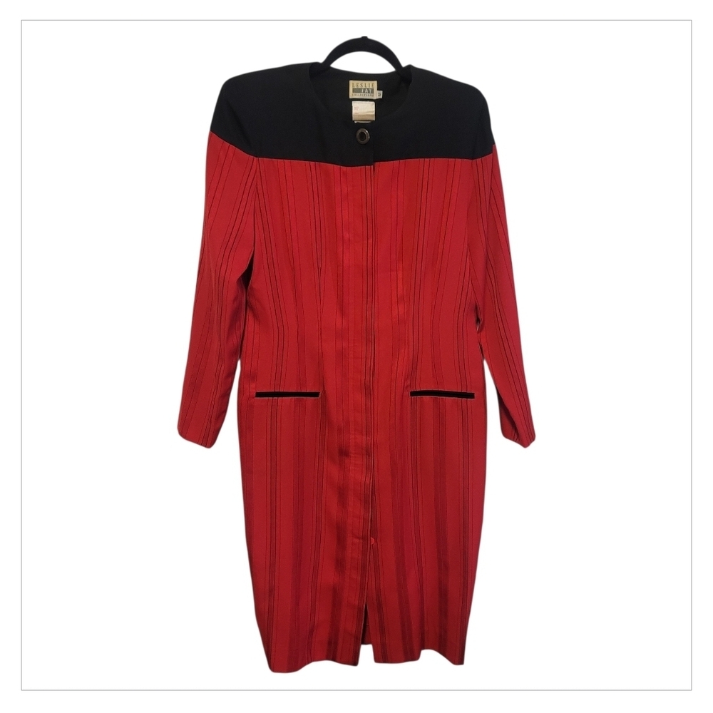 Vintage Leslie Fay Red & Black Pinstripe Dress Coat 12 USA - Picture 3 of 8